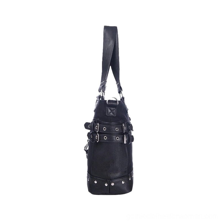 Black gothic tote bag side and rear perspective showing buckle straps and studded bottom trim details