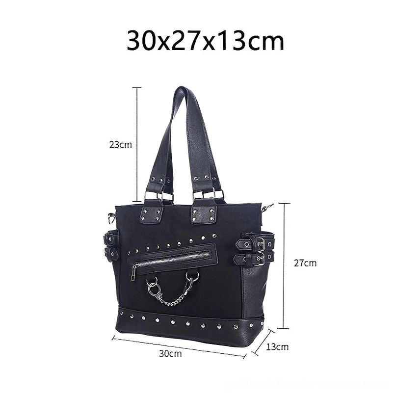 Black gothic canvas tote bag front perspective with dimension measurements labeled 30x27x13cm for size reference
