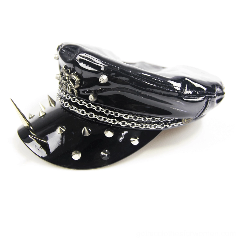 Premium patent leather texture with decorative chains on gothic military cap - three-quarter side angle
