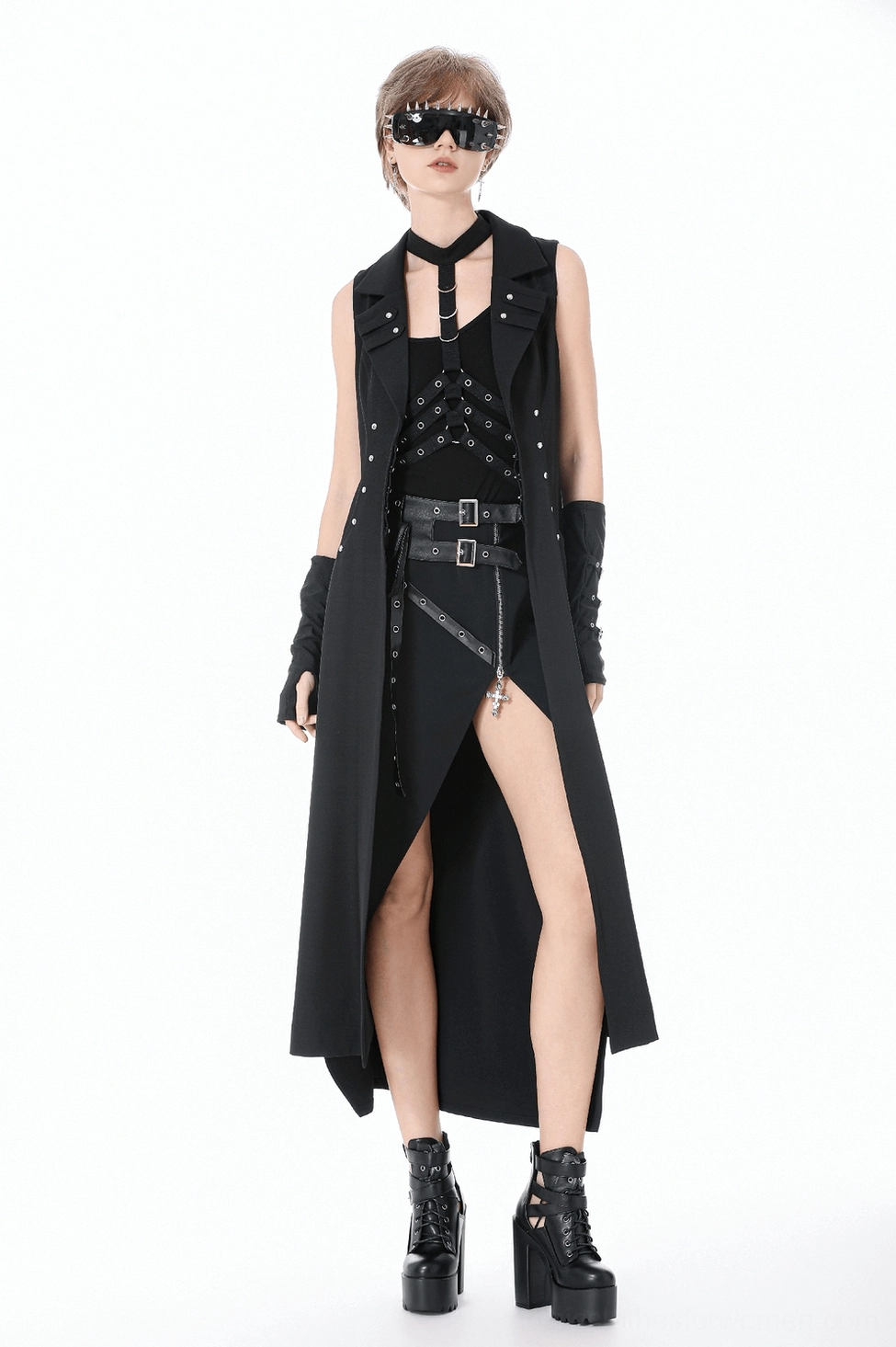 Gothic cape alternative fashion piece - studded collar and open design for cyberpunk and dark aesthetic styling