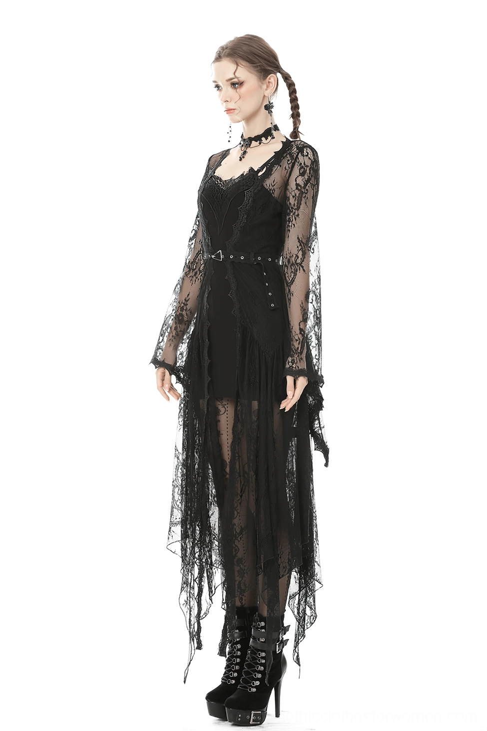 Alternative fashion styling of black lace gothic cape - side angle view