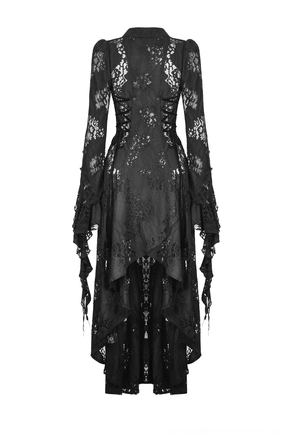 Black lace gothic cape back view flat lay showing asymmetric hem and lace details