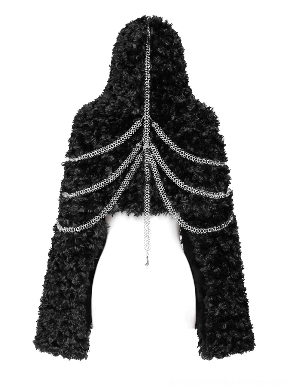 Back cascading silver chains on black faux fur hooded cape
