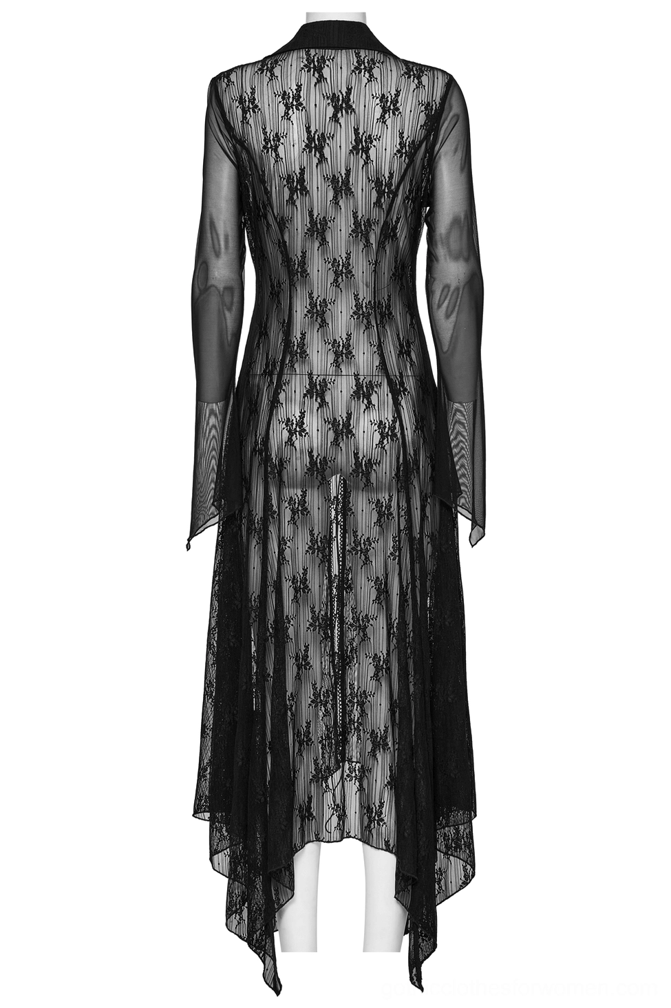 Black gothic cape rear display on dress form, featuring floral lace pattern and flowing irregular hem