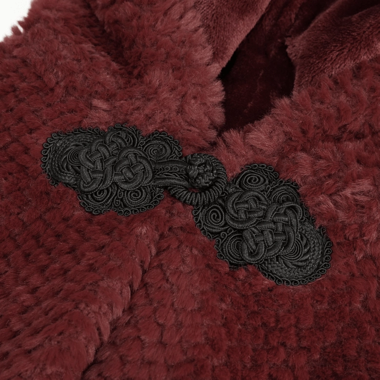 Back detail of wine red gothic cape with lace-up panel and fur pompon tail embellishment