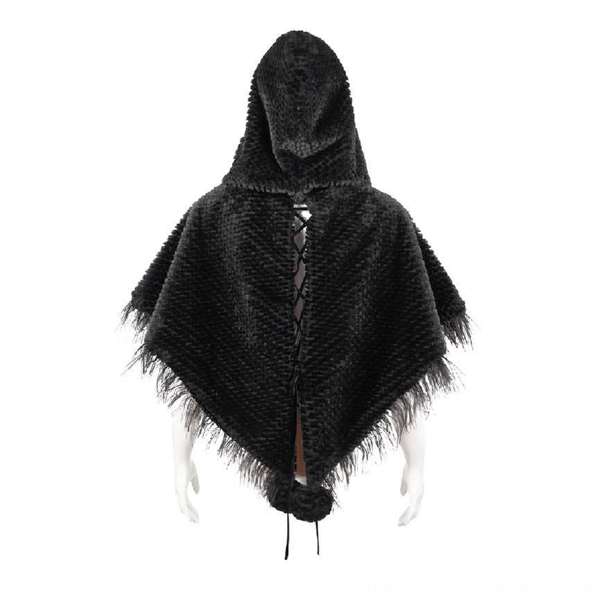 Gothic hooded cape back view detail featuring lace-up fastening, bottom pom-pom border and feather fringe