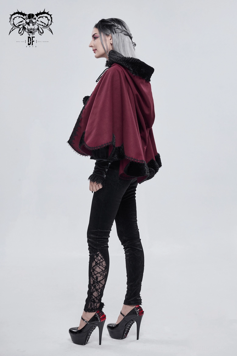Red gothic cape back view showing scalloped hemline and black fur detail with lace trim