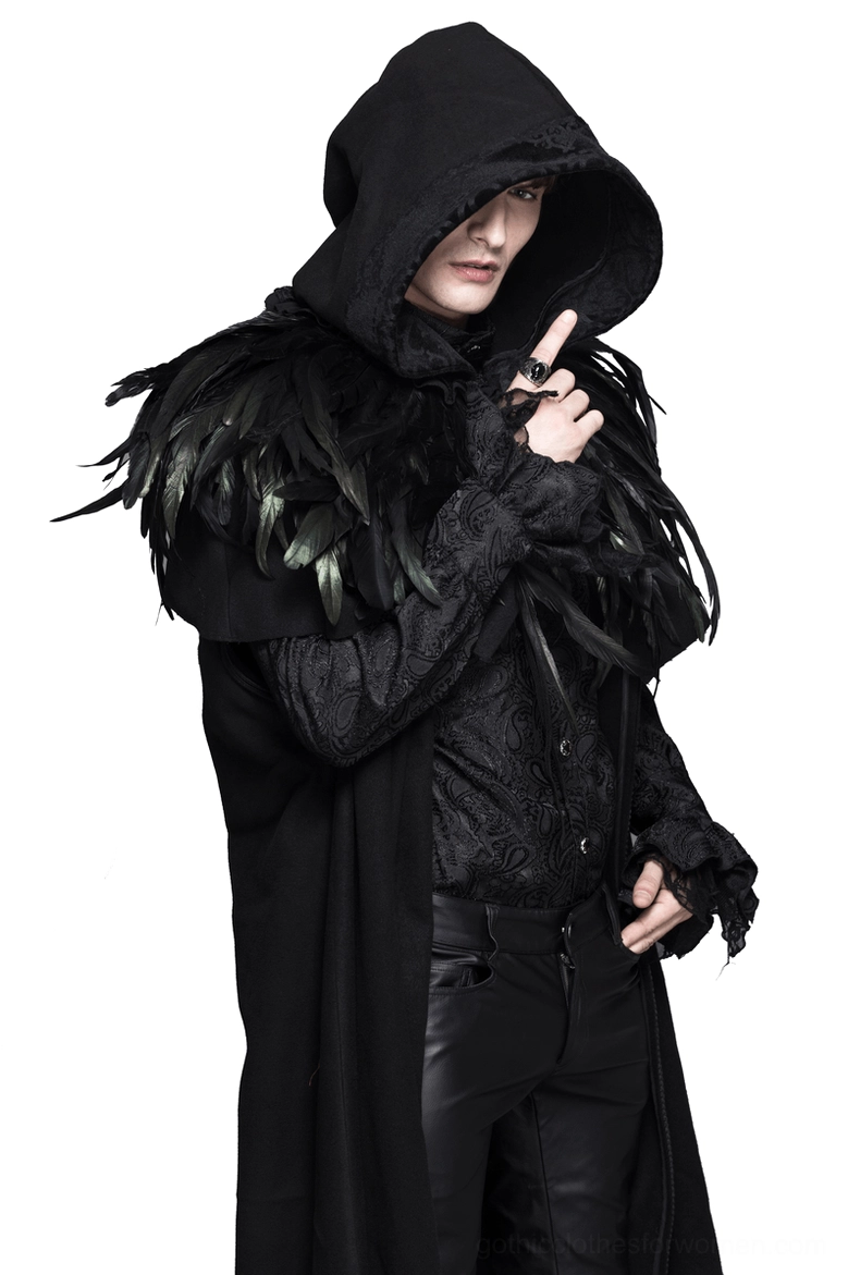 Gothic crow feather shoulder cape back view showing feather arrangement and structural design