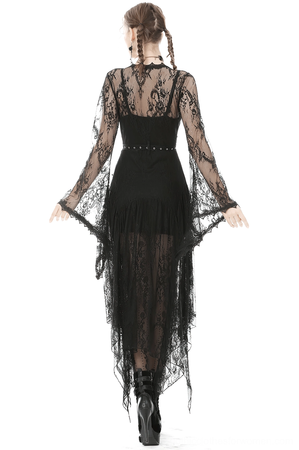 Black sheer lace gothic cape with waist belt and metal eyelets - back view detail