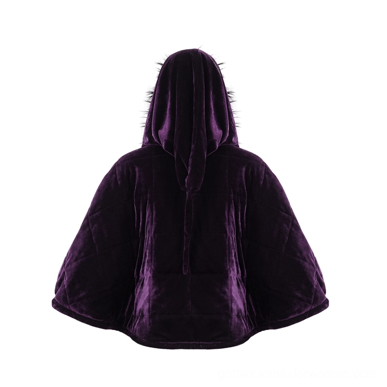 Back view of gothic hooded velvet cape on mannequin showing quilted texture and hooded silhouette