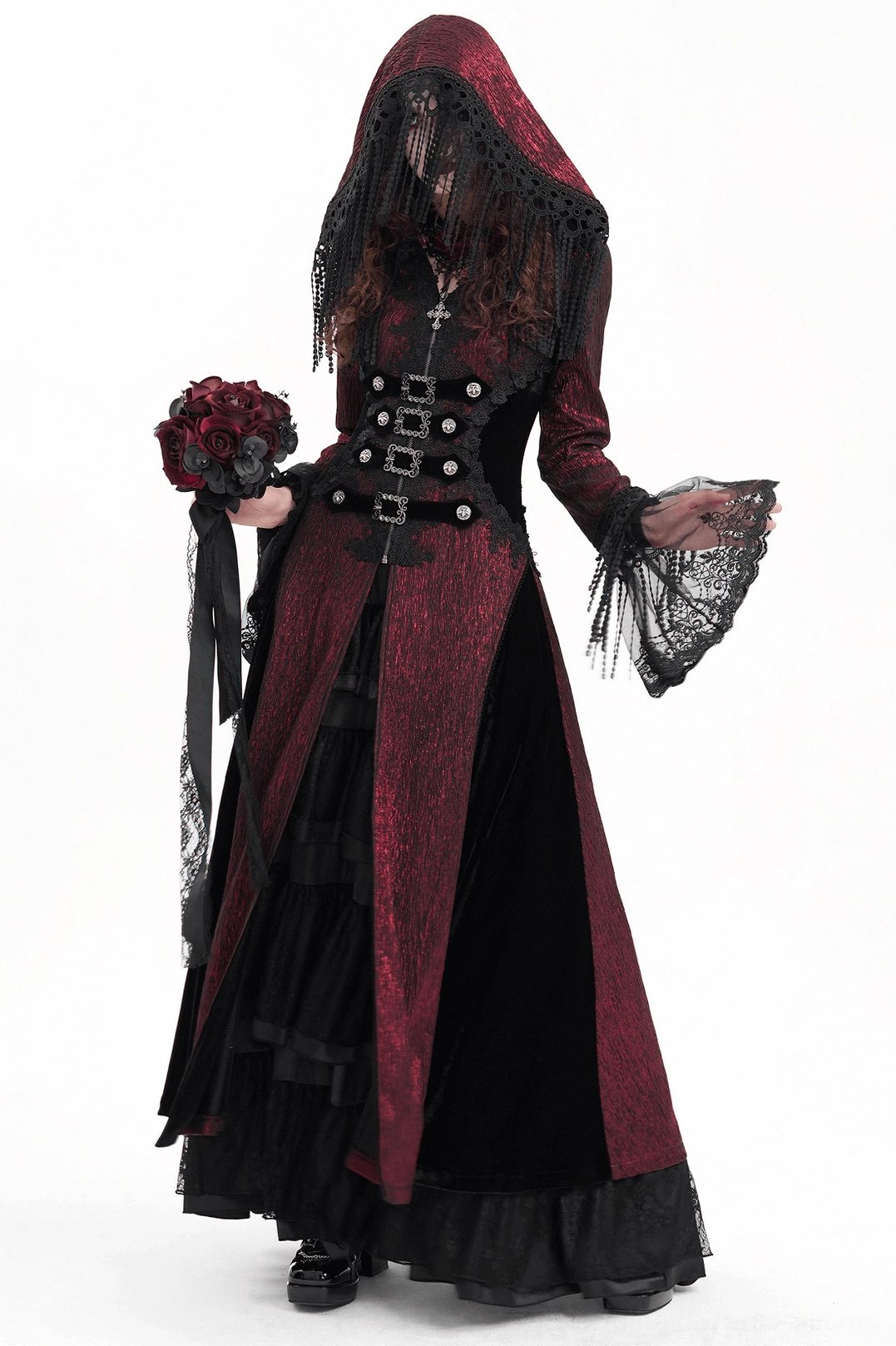 Black lace gothic hooded cape with vintage buckle closures and dramatic silhouette