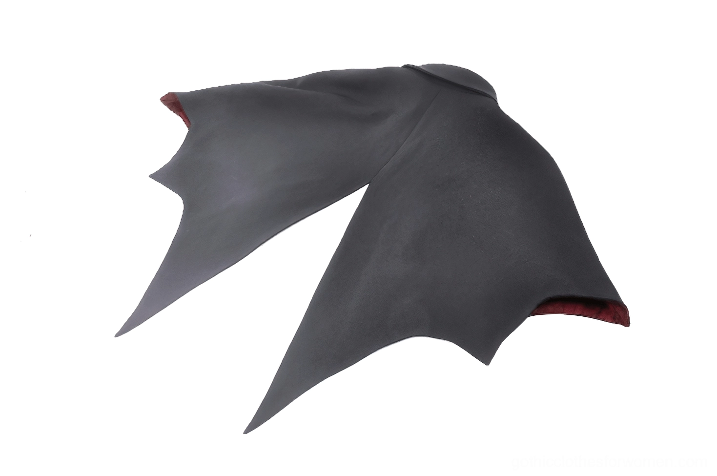 Bottom view of black gothic cape showing flat matte finish fabric and dual pointed bat wing hem structure