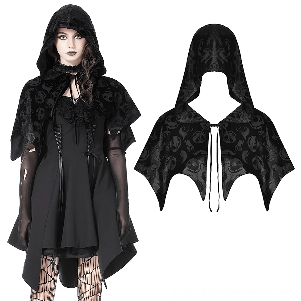 Complete gothic outfit with black velvet skull cape, matching dress, fishnet tights, and sheer gloves for alternative fashion styling