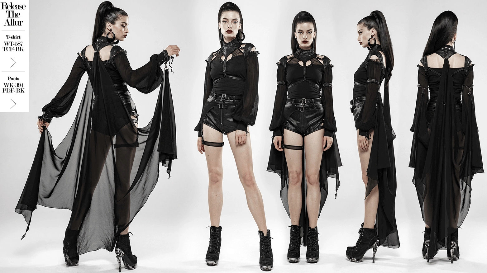 Gothic cape construction detail showing PU leather harness seaming and construction