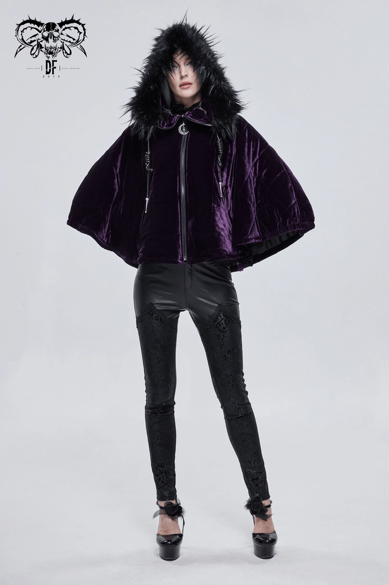 Gothic velvet cape detail view showcasing construction quality and faux fur hood design