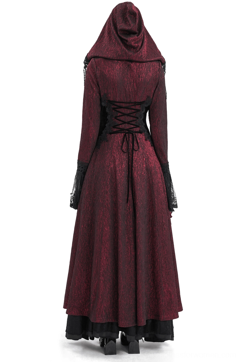Gothic lace-up corset back cape design with floor-length hem and tassel cuff trim, back view