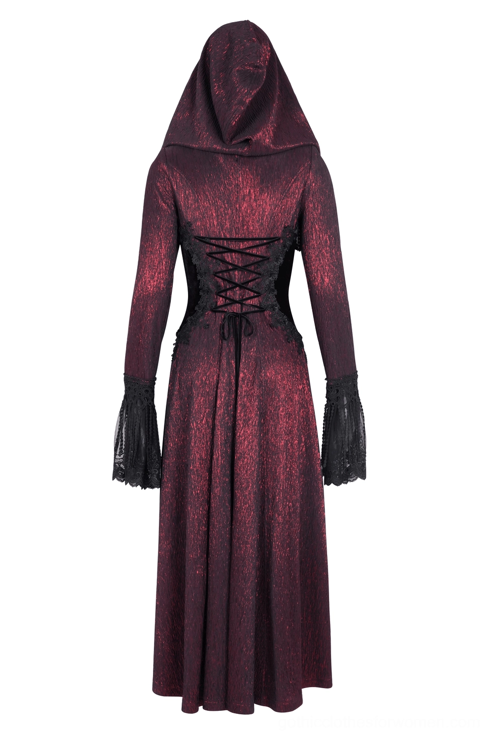 Gothic cape lace-up corset back with beaded tassel cuff trim, rear view on mannequin