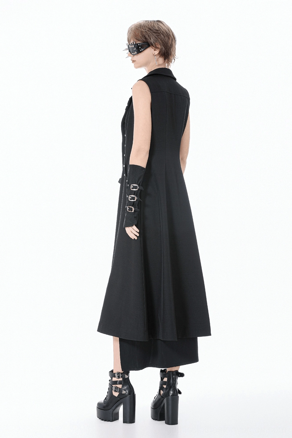 Black cape gothic aesthetic - full-length dramatic coat showcasing industrial metal accents and dark fashion