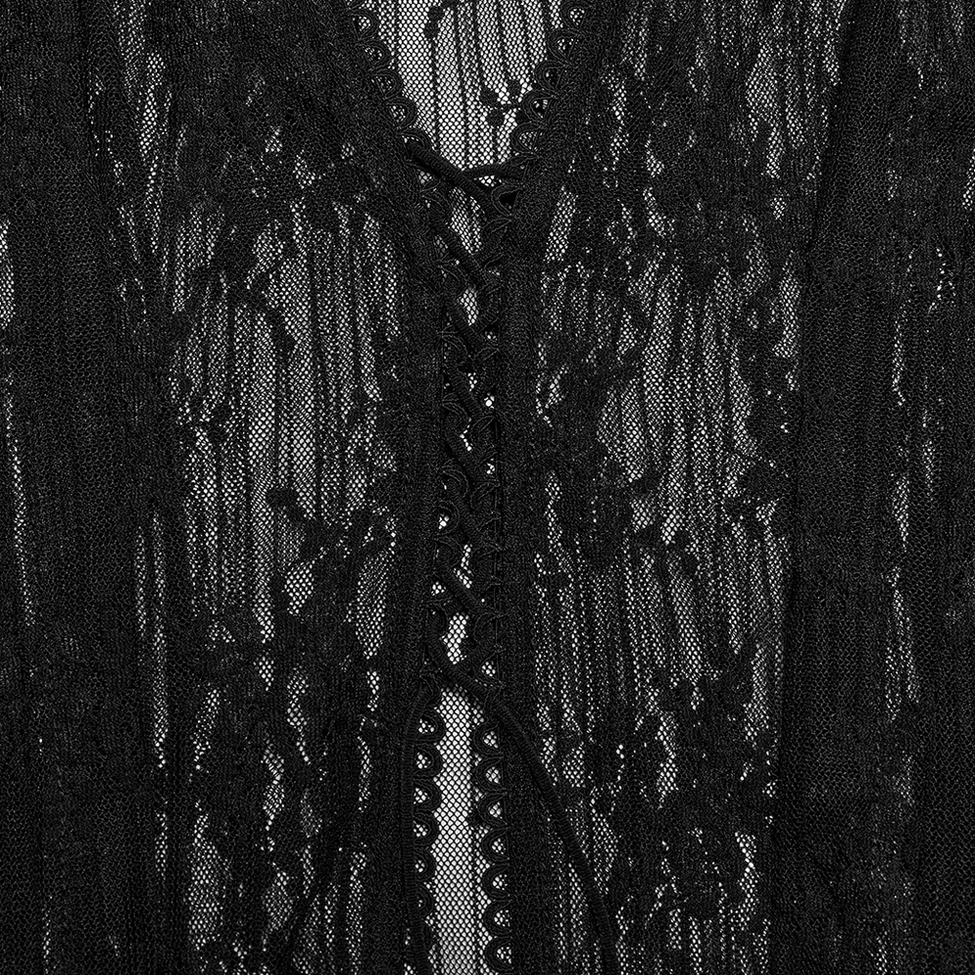 Close-up detail of black gothic cape front drawstring lace-up closure system