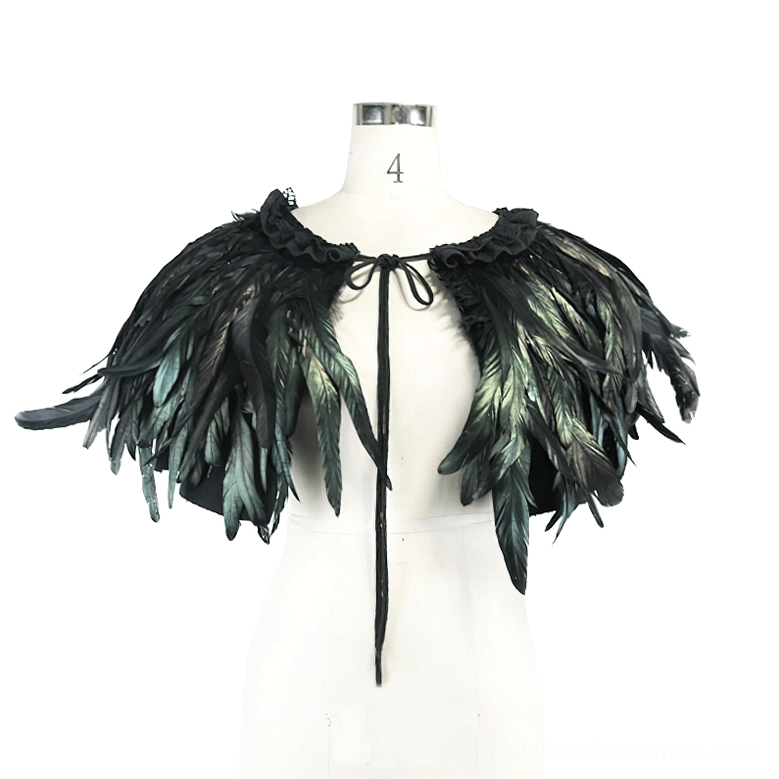 Gothic crow feather shoulder cape front straight view on dress form with drawstring closure and black-green feather trim