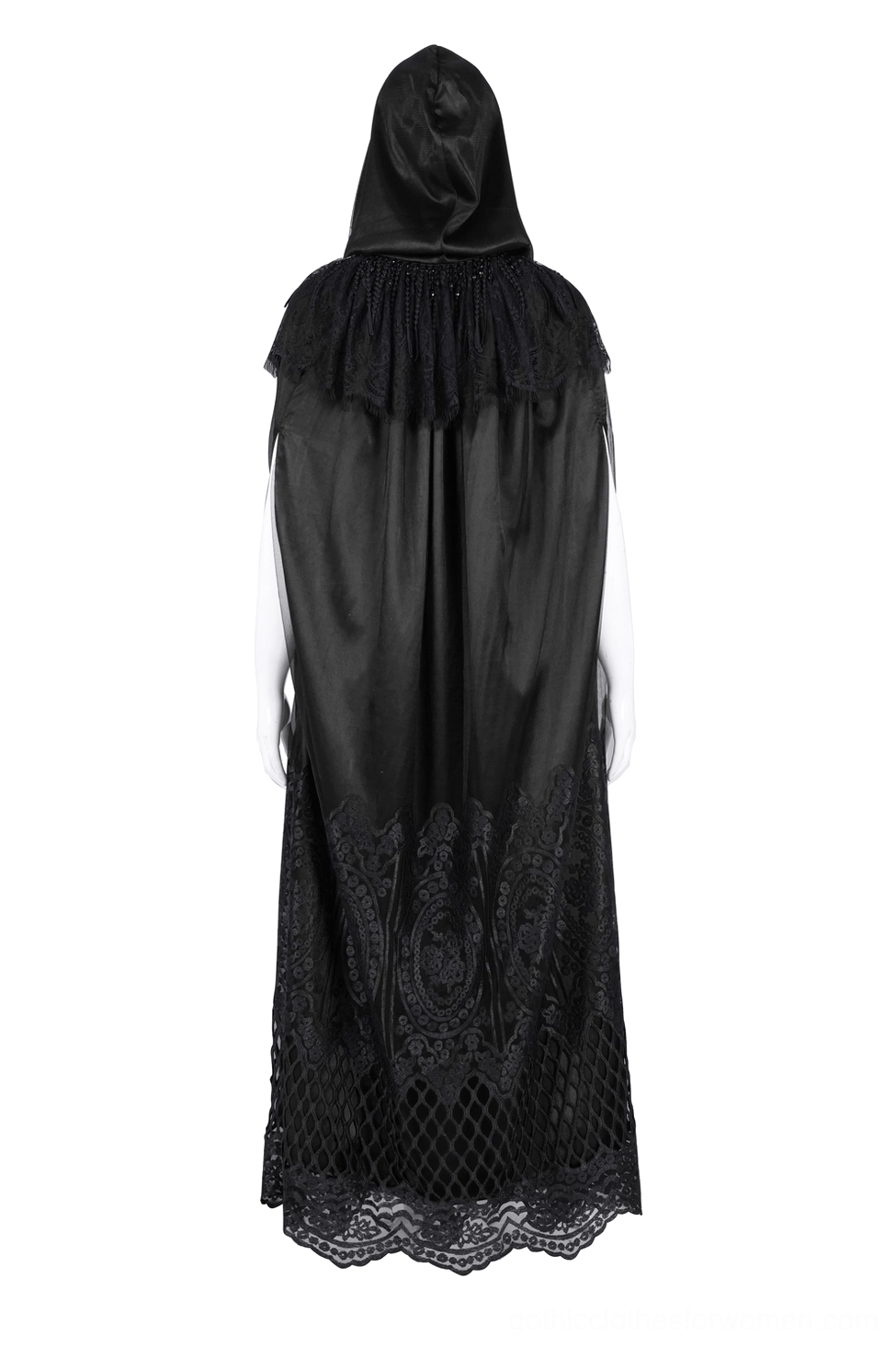 Back view of hooded gothic cape on mannequin showing embroidered lace hem, attached hood, and floor-length black fabric construction