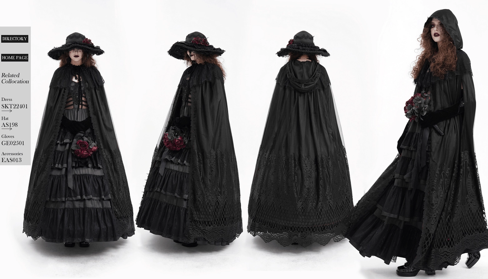Back view detail of hooded gothic cape showing embroidered lace hem construction and hood attachment