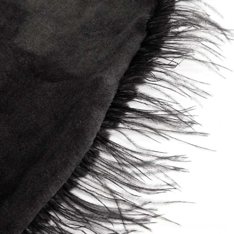 Close-up fabric detail of gothic cape showing soft velvet inner layer with feather fringe and grainy plush outer texture
