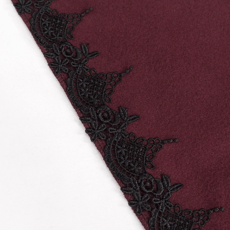 Wine red fabric and black floral embroidered lace trim detail of gothic cape hemline