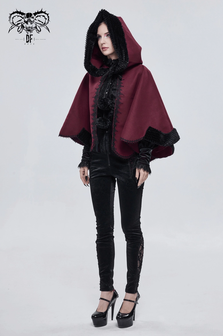 Gothic red cape showcasing wine red fabric quality and black faux fur trim construction