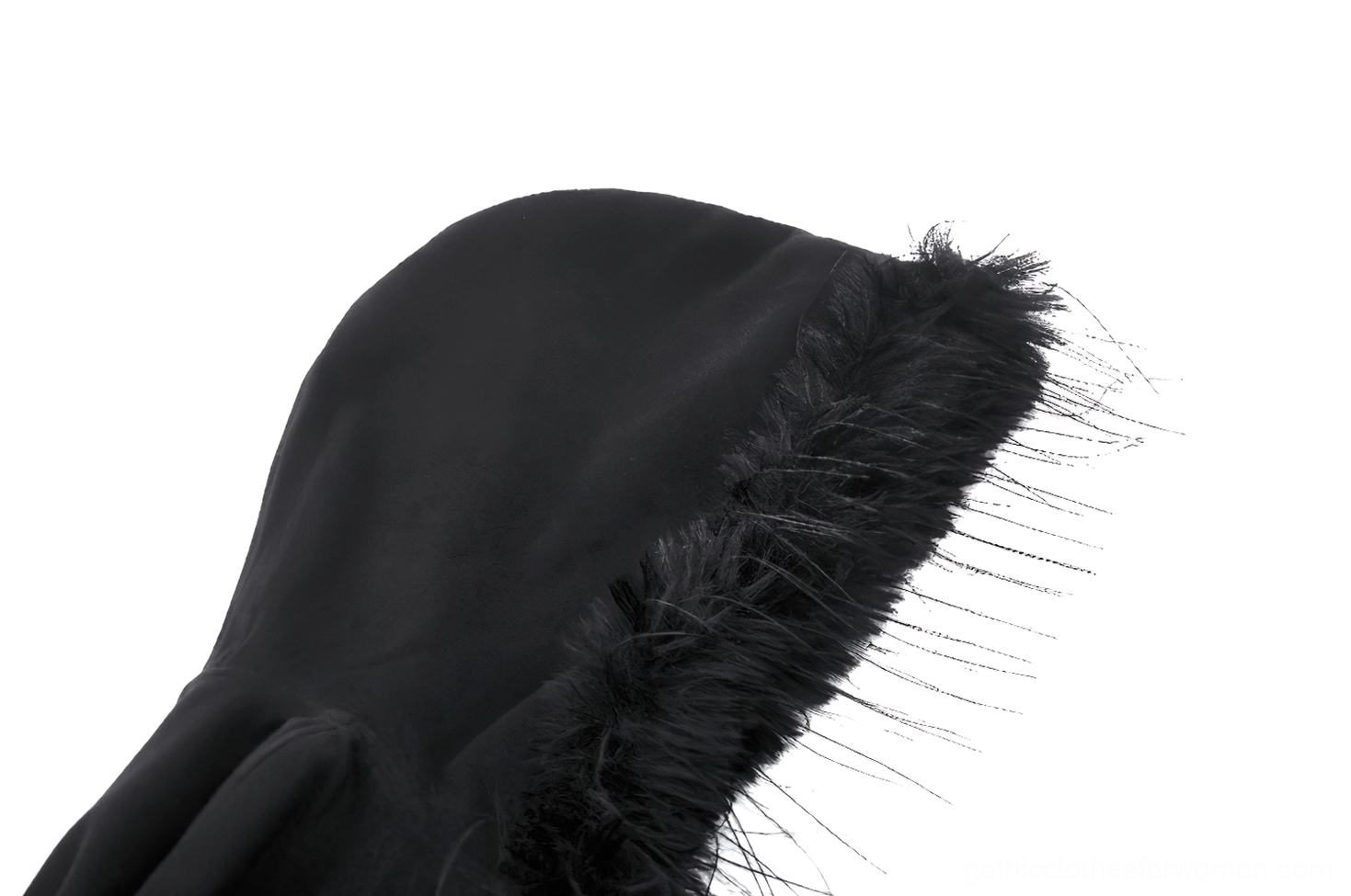 Side close-up texture of black faux fur trim on gothic hooded cape