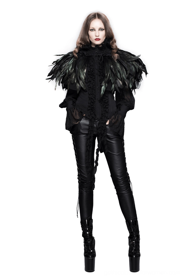 Gothic shoulder cape detailed view of feather construction and lace detailing for steampunk fashion