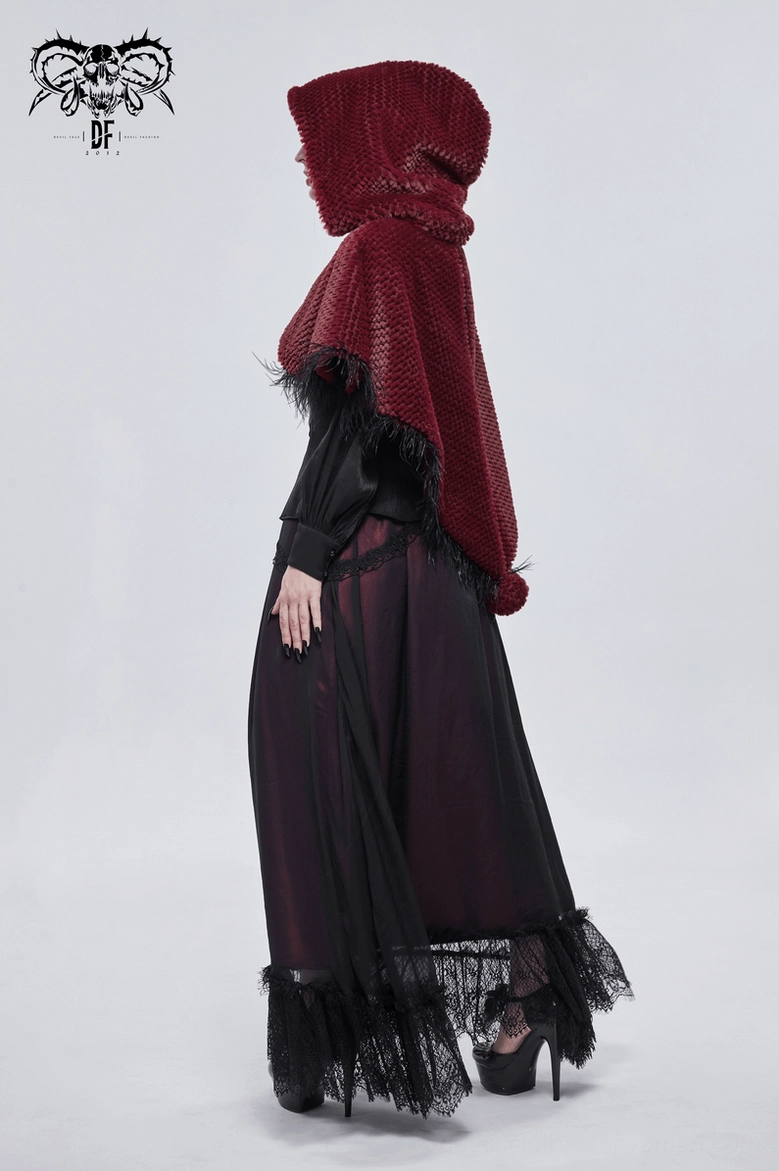 Wine red hooded gothic cape detail shot showing feather fringe trim and plush fabric construction