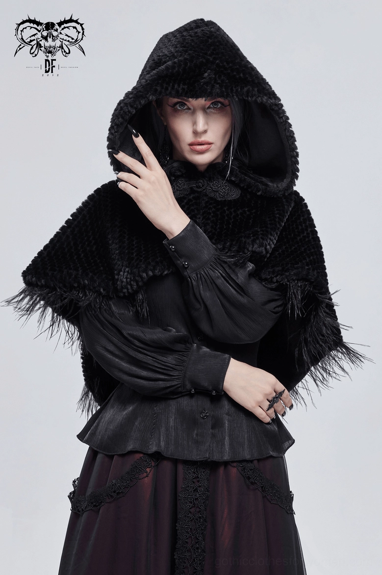 Gothic hooded short cape detail emphasizing feather trim quality and grainy plush fabric texture