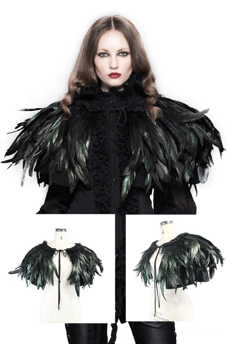 Gothic crow feather shoulder cape worn by female model front view demonstrating gothic fashion styling