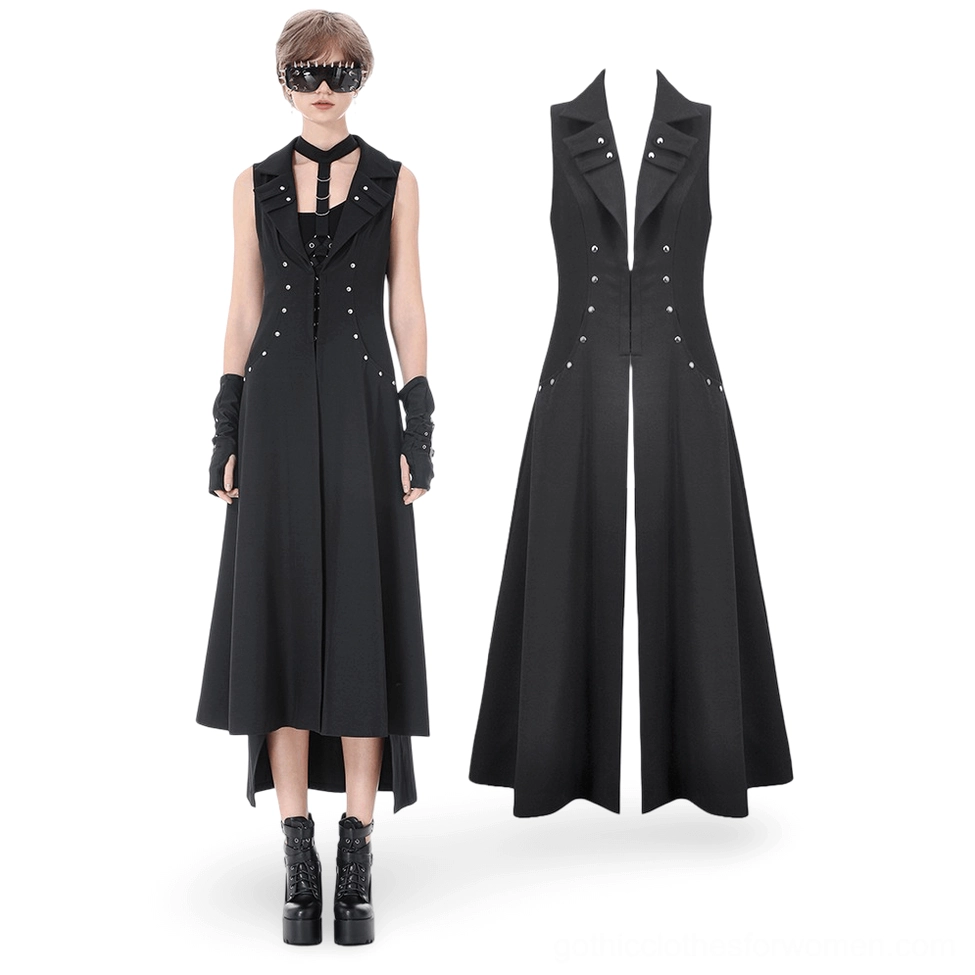 Studded gothic cape front and flat lay - notched lapel collar and silver stud trim details on black tailored coat