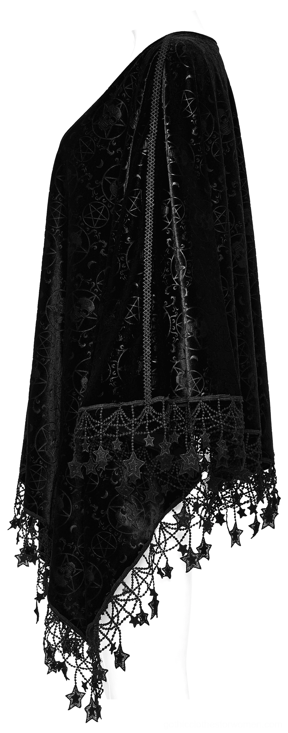 Folded velvet occult cape displaying embossed patterns and hanging pentacle tassels from side angle