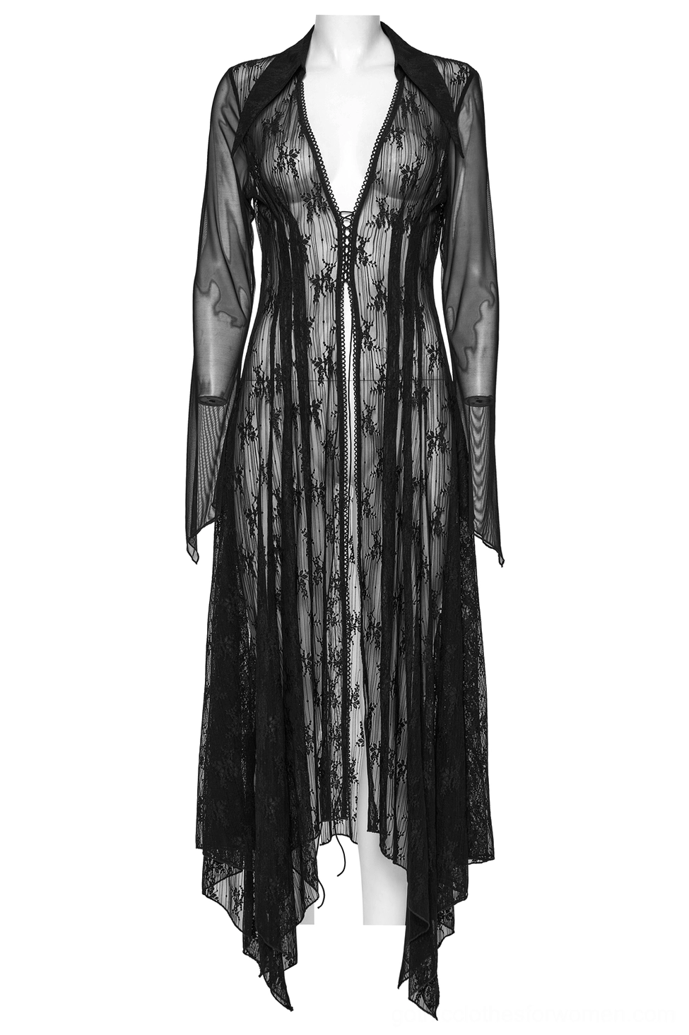 Black gothic sheer lace cape front view on dress form with plunging V-neck and floral lace pattern