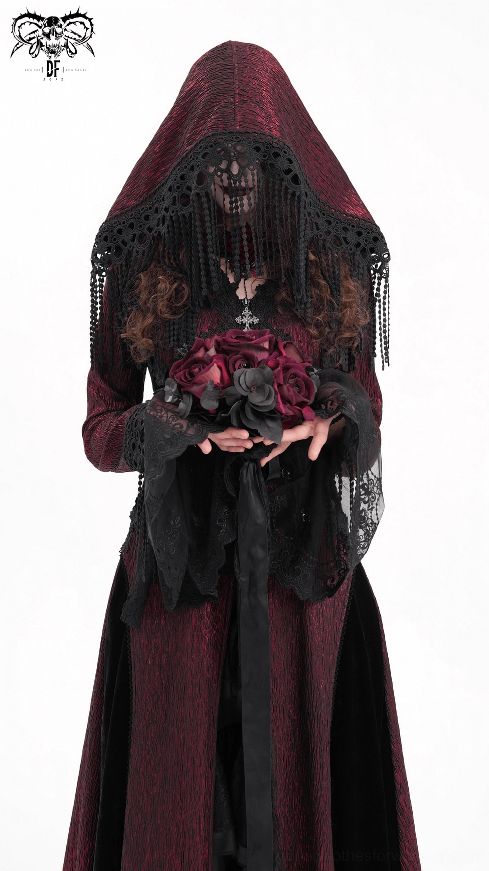 Gothic hooded cape full-length front view with beaded tassel veil and buckle details