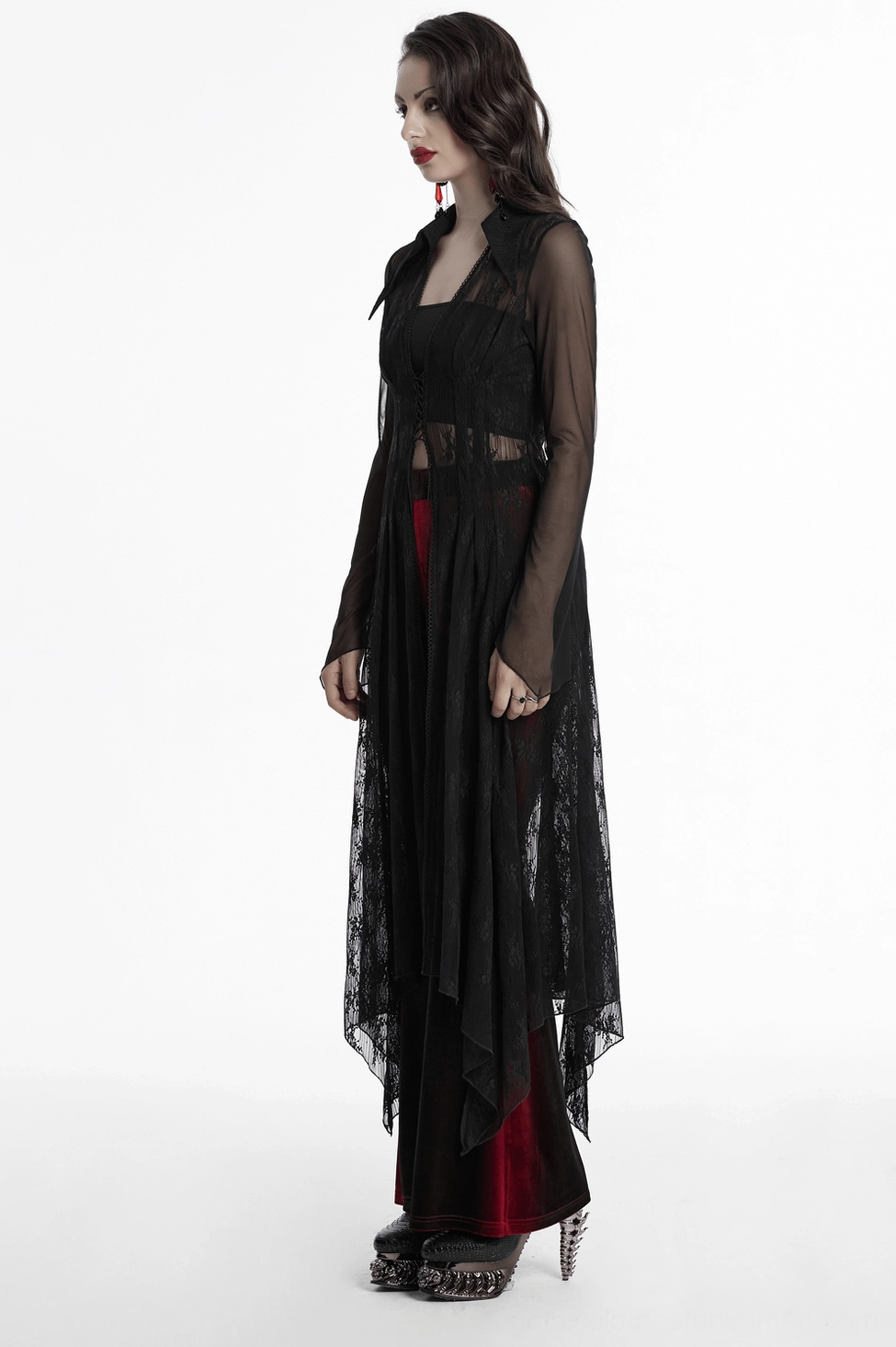 Black gothic cape full-length display showing proportions and elegant drape of sheer mesh sleeves