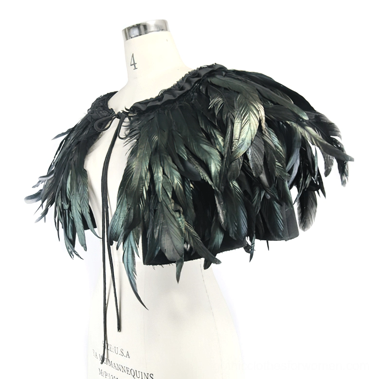 Black gothic crow feather cape dress form half-side view showing gradient feather design and drawstring fastener