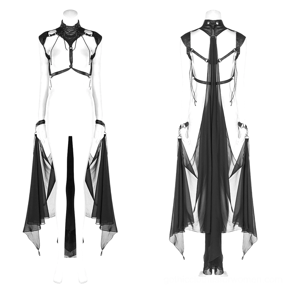 Black harness-style gothic cape with PU leather straps and split chiffon panels on mannequin