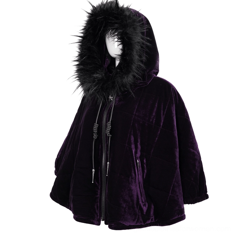 Gothic cape mannequin display with worn hood featuring faux fur lining and adjustable drawstrings
