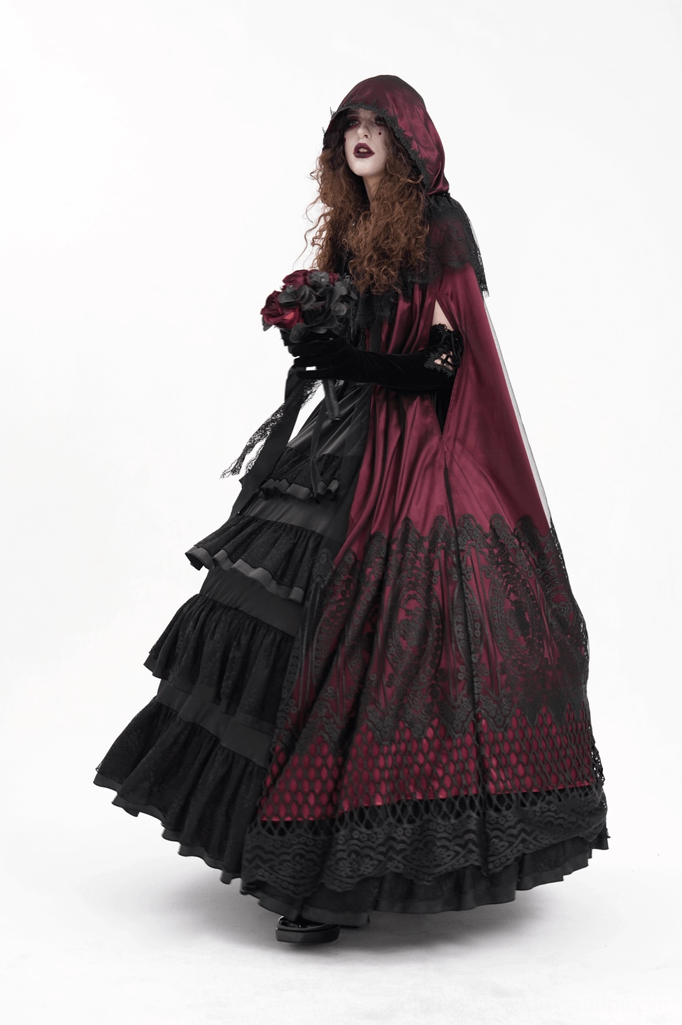 Gothic hooded cape hood and shoulder lace detailing in black against wine red satin for dramatic neckline framing