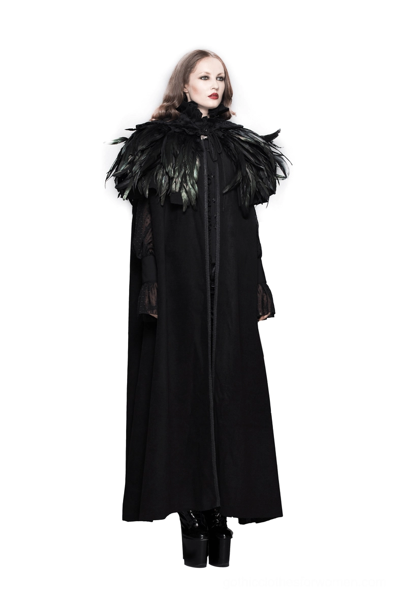 Gothic shoulder cape with black-green iridescent feathers and braided drawstring closure detail