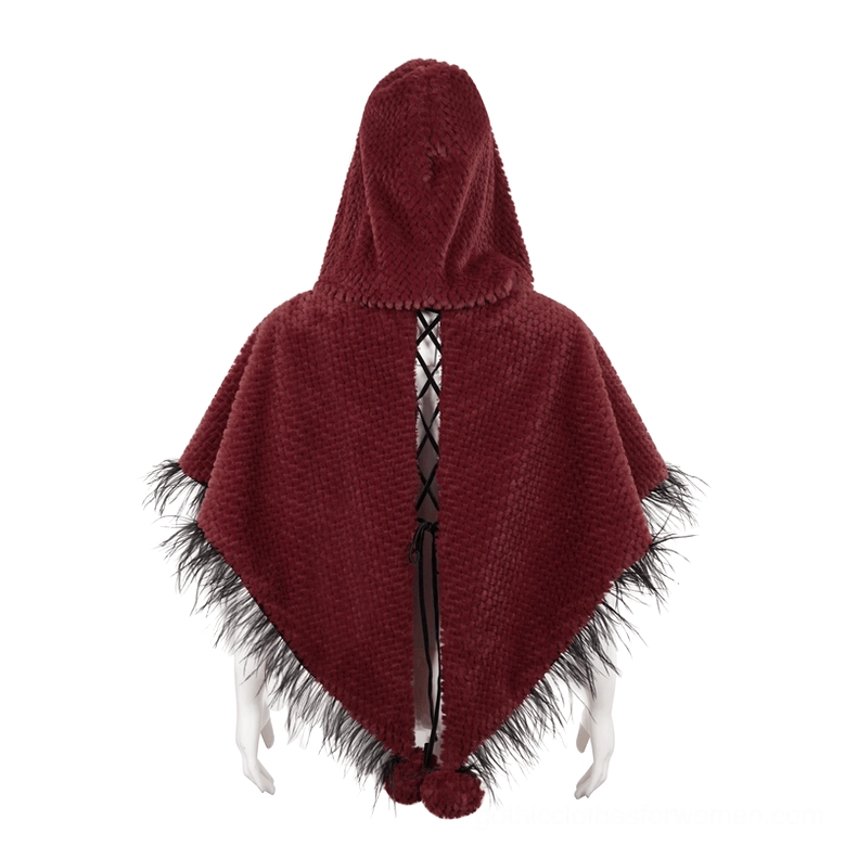 Back view of gothic cape on mannequin displaying lace-up back panel and hanging fur pompon embellishment