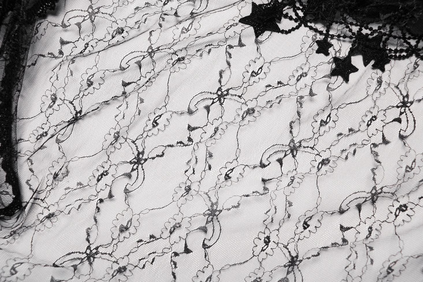 Macro photography of web lace embroidery and occult patterned fabric detail on velvet shawl