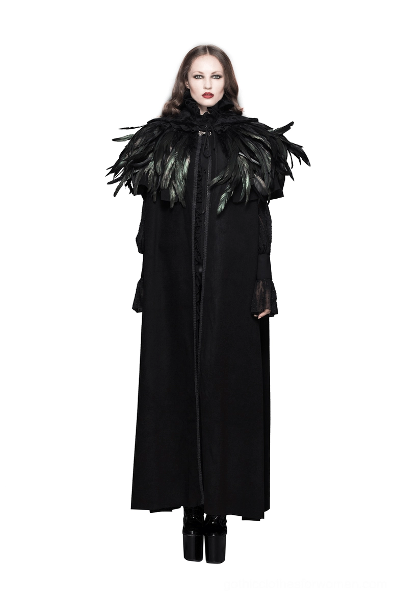 Gothic crow feather shoulder cape showing ruffled lace trim and feather gradient design