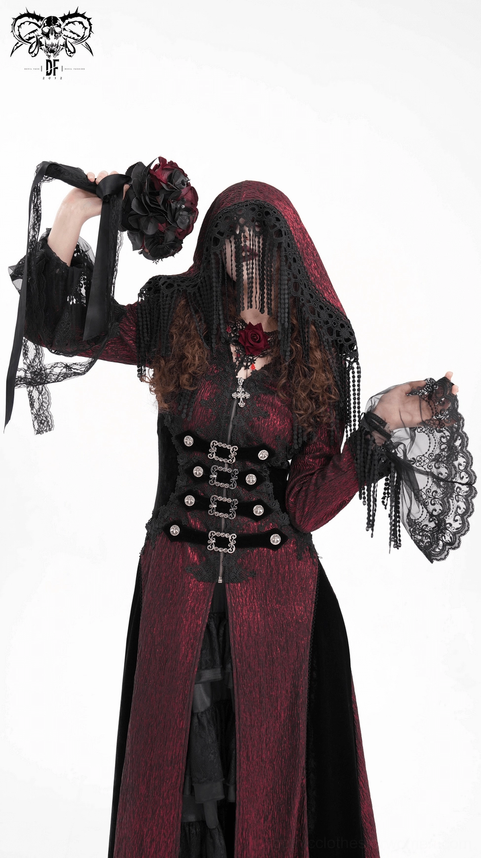 Black lace-trimmed cuffs and tassel details on gothic cape sleeves