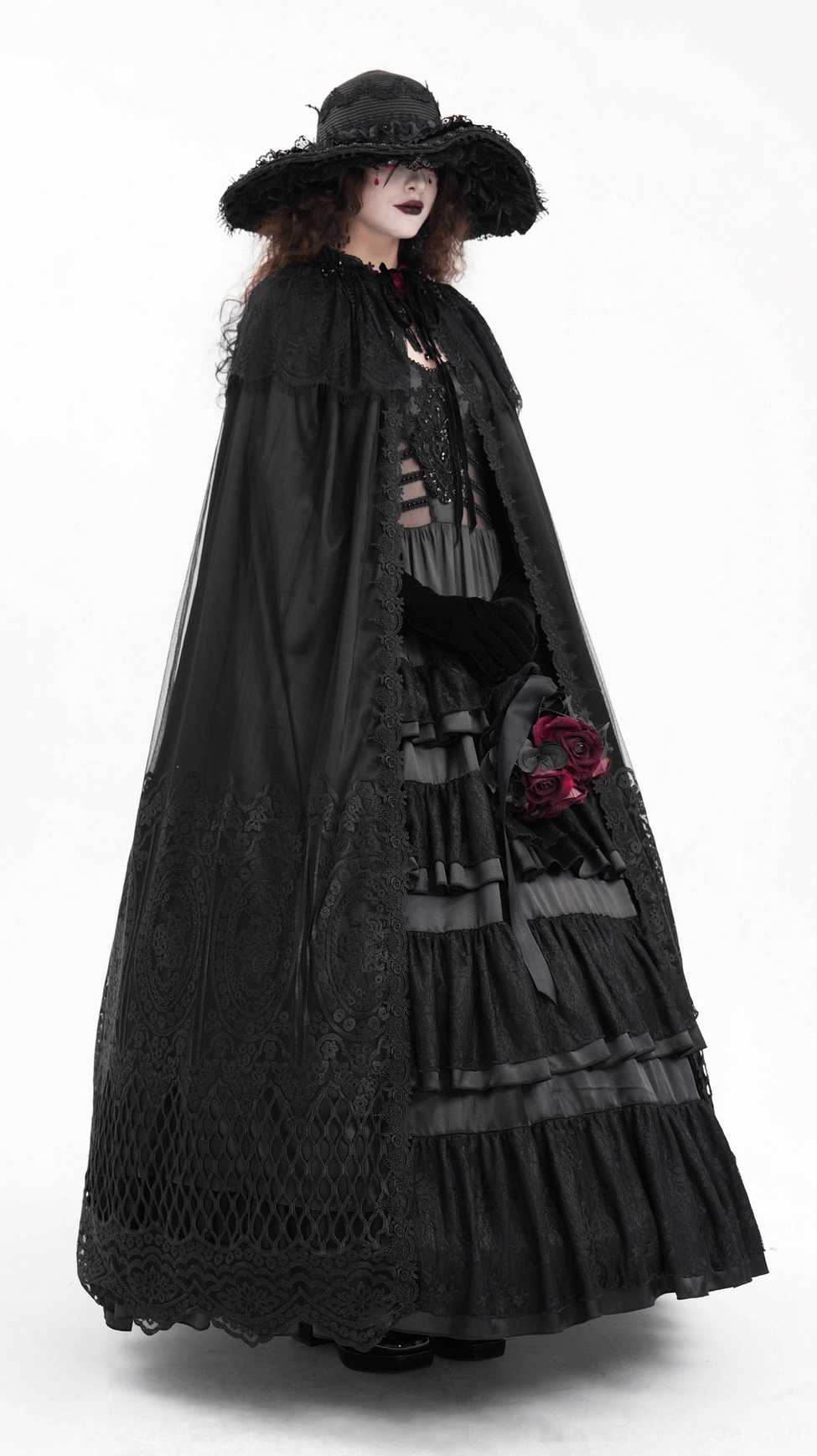 Detailed front view of hooded gothic cape showing lace yoke embroidery, mesh transparency, and fabric quality