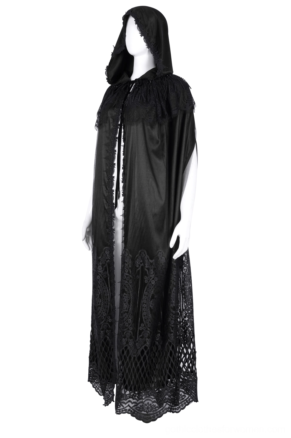 Front full-body view of hooded gothic cape with lace yoke shoulder trim and sheer mesh lower panel with front tie closure
